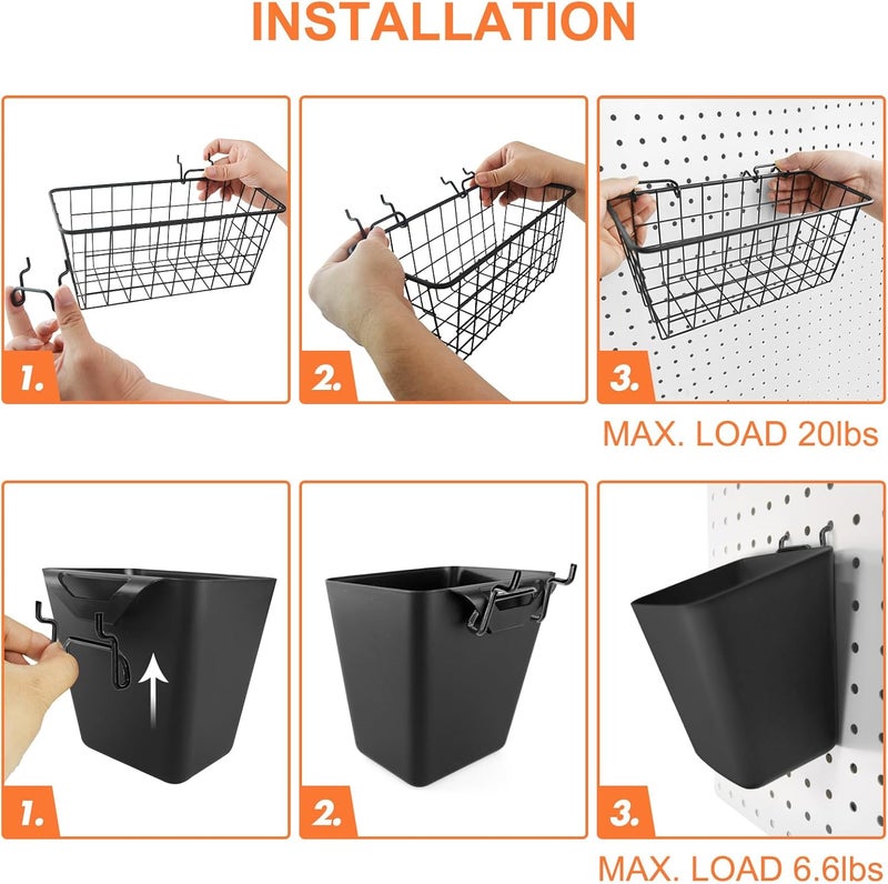 G.CORE Pegboard Basket Organizers, Peg Board Large Baskets Hooks Bins Cups Tool Organizer 6 Pack Set, Wall Storage Display Hanging Accessories for Craft Office Stadio Shed Garage Organization (Black & Black) - Image 4